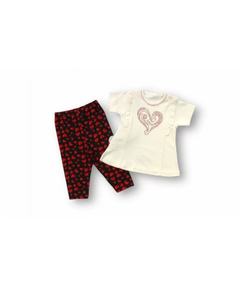 3-6 6-9 9-12 12-18 Ay Kalp Baskılı Uzun Kollu Sweatli 2li Kız Bebek Takımı Ekru