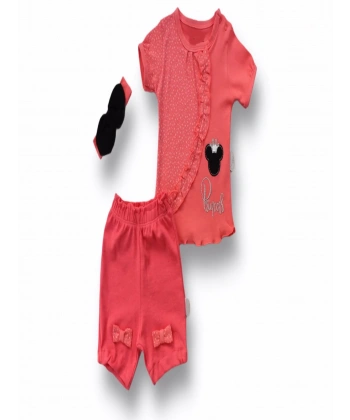 3-6 6-9 9-12 12-18 Ay Princess Taçlı Mickey Nakışlı Şort Tişört 3lü Kız Bebek Takımı Nar Çiçeği