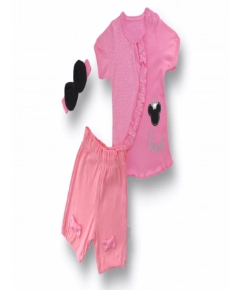 3-6 6-9 9-12 12-18 Ay Princess Taçlı Mickey Nakışlı Şort Tişört 3lü Kız Bebek Takımı Pembe