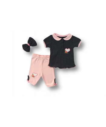 3-6 6-9 9-12 12-18 Ay Uzayın Kalbi Nakışlı Bandanalı Kısa Kollu Sweat 3lü Kız Bebek Takımı Siyah