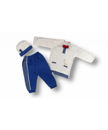 3-6 6-9 9-12 Ay Cep Saat Nakışlı Şapkalı Uzun Kollu Sweatli 3lü Erkek Bebek Takımı Mavi