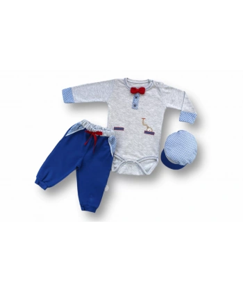 3-6 6-9 9-12 Ay Cep Saat Nakışlı Şapkalı Uzun Kollu Zıbınlı 3lü Erkek Bebek Takımı Mavi