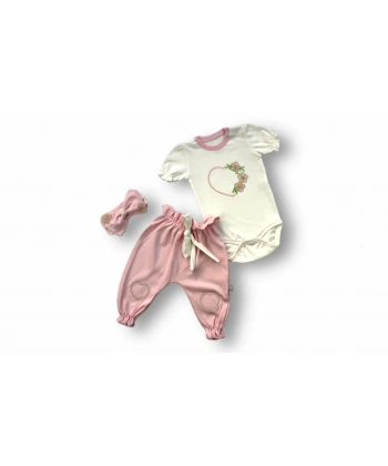 3-6 6-9 9-12 Ay Çiçekli Baharın Kalbi Nakışlı Bandanalı Kısa Kollu Zıbınlı 3lü Kız Bebek Takımı Ekru