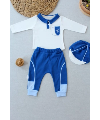 3-6 6-9 9-12 Ay Efendi Nakışlı Cep Şapkalı Uzun Kollu Sweat 3lü Erkek Bebek Takımı İndigo