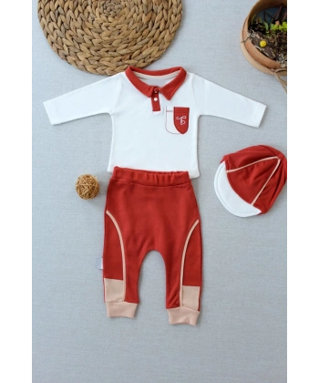 3-6 6-9 9-12 Ay Efendi Nakışlı Cep Şapkalı Uzun Kollu Sweat 3lü Erkek Bebek Takımı Kiremit