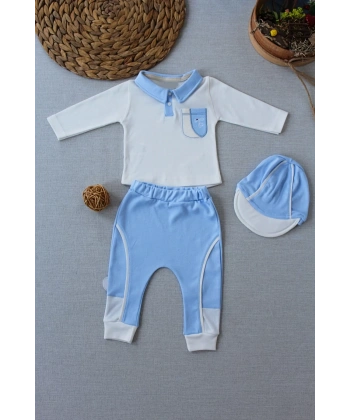 3-6 6-9 9-12 Ay Efendi Nakışlı Cep Şapkalı Uzun Kollu Sweat 3lü Erkek Bebek Takımı Mavi