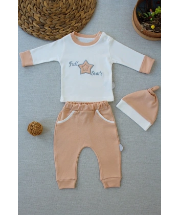 3-6 6-9 9-12 Ay Full Star Nakışlı Şapkalı Uzun Kollu Sweat 3lü Erkek Bebek Takımı Buğday