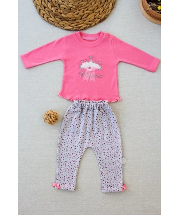 3-6 6-9 9-12 Ay Full Star Nakışlı Şapkalı Uzun Kollu Sweat 3lü Erkek Bebek Takımı Fuşya