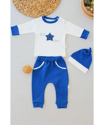3-6 6-9 9-12 Ay Full Star Nakışlı Şapkalı Uzun Kollu Sweat 3lü Erkek Bebek Takımı İndigo