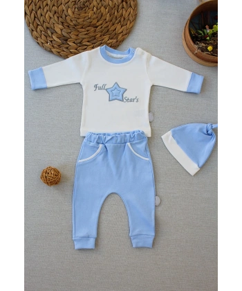 3-6 6-9 9-12 Ay Full Star Nakışlı Şapkalı Uzun Kollu Sweat 3lü Erkek Bebek Takımı Mavi