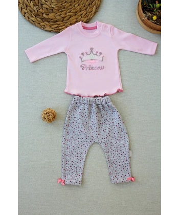 3-6 6-9 9-12 Ay Full Star Nakışlı Şapkalı Uzun Kollu Sweat 3lü Erkek Bebek Takımı Pembe