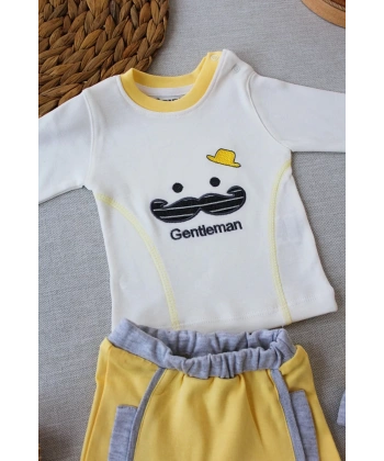 3-6 6-9 9-12 Ay Gentleman Erkek Nakışlı Şapkalı Uzun Kollu Sweat 3lü Erkek Bebek Takımı Sarı
