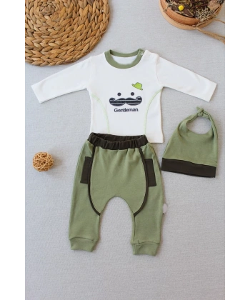 3-6 6-9 9-12 Ay Gentleman Erkek Nakışlı Şapkalı Uzun Kollu Sweat 3lü Erkek Bebek Takımı Yeşil
