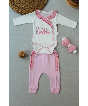 3-6 6-9 9-12 Ay Hello Nakışlı Kruvaze Bandanalı Uzun Kollu Zıbınlı 3lü Kız Bebek Takımı Pembe