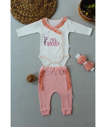 3-6 6-9 9-12 Ay Hello Nakışlı Kruvaze Bandanalı Uzun Kollu Zıbınlı 3lü Kız Bebek Takımı Somon