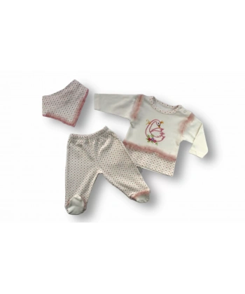 3-6 6-9 9-12 Ay Kraliçe Kuğu Nakışlı Bandajlı Uzun Kollu Sweatli 3lü Kız Bebek Takımı Ekru