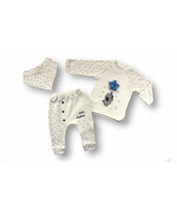 3-6 6-9 9-12 Ay Kutup Yıldızı Nakışlı Bandajlı Uzun Kollu Sweat 3lü Erkek Bebek Takımı Ekru