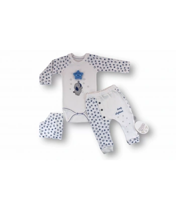 3-6 6-9 9-12 Ay Kutup Yıldızı Nakışlı Bandajlı Uzun Kollu Zıbınlı 3lü Erkek Bebek Takımı Ekru