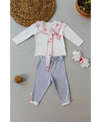 3-6 6-9 9-12 Ay Matmazel Yaka Fırfır Detaylı Bandanalı Uzun Kollu Sweat 3lü Kız Bebek Takımı Ekru