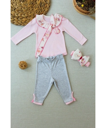 3-6 6-9 9-12 Ay Matmazel Yaka Fırfır Detaylı Bandanalı Uzun Kollu Sweat 3lü Kız Bebek Takımı Pembe