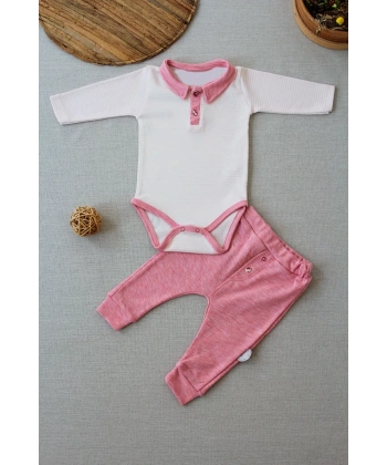 3-6 6-9 9-12 Ay Melanjlı Uzun Kollu Zıbınlı 2li Kız Bebek Takımı Pembe
