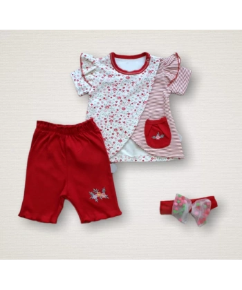 3-6 6-9 9-12 Ay Melek Kız Nakışlı Bandanalı Kısa Kollu Sweatli Şortlu 3lü Kız Bebek Takımı Kırmızı