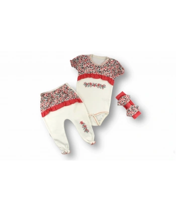 3-6 6-9 9-12 Ay Mimoza Baskılı Bandanalı Kısa Kollu Zıbınlı 3lü Kız Bebek Takımı Nar Çiçeği