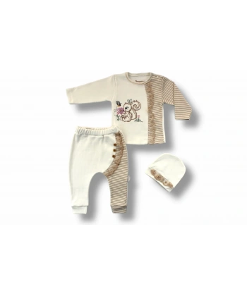 3-6 6-9 9-12 Ay Minik Sincap Nakışlı Şapkalı Uzun Kollu Sweatli 3lü Kız Bebek Takımı Kahverengi