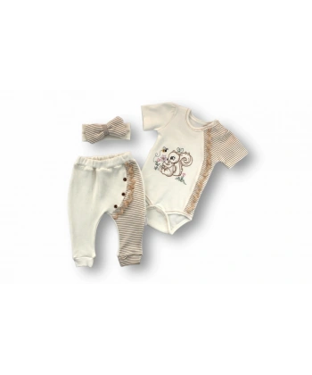 3-6 6-9 9-12 Ay Minik Sincap Nakışlı Şapkalı Uzun Kollu Zıbınlı 3lü Kız Bebek Takımı Kahverengi