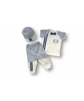 3-6 6-9 9-12 Ay My Prince Nakışlı Şapkalı Kısa Kollu Sweatli 3lü Erkek Bebek Takımı Ekru