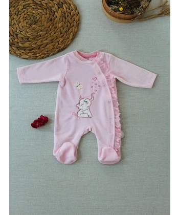 3-6 6-9 9-12 Ay Romantik Fil Nakışlı Pembe Süslü Kız Bebek Tulumu Pembe