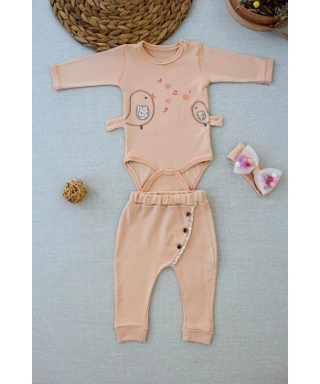 3-6 6-9 9-12 Ay Şarkıcı Kuşlar Nakışlı Bandanalı Uzun Kollu Zıbınlı 3lü Kız Bebek Takımı Buğday