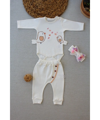 3-6 6-9 9-12 Ay Şarkıcı Kuşlar Nakışlı Bandanalı Uzun Kollu Zıbınlı 3lü Kız Bebek Takımı Ekru