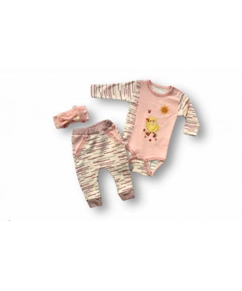 3-6 6-9 9-12 Ay Süslü Ördek Nakışlı Şapkalı Uzun Kollu Zıbınlı 3lü Kız Bebek Takımı Pembe