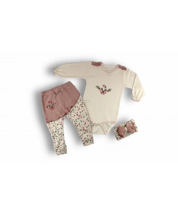 3-6 6-9 9-12 Ay Tb Çiçek Nakışlı Bandanalı Uzun Kollu Zıbınlı 3lü Kız Bebek Takımı Ekru