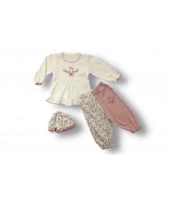 3-6 6-9 9-12 Ay Tb Çiçek Nakışlı Şapkalı Uzun Kollu Sweatli 3lü Kız Bebek Takımı Ekru