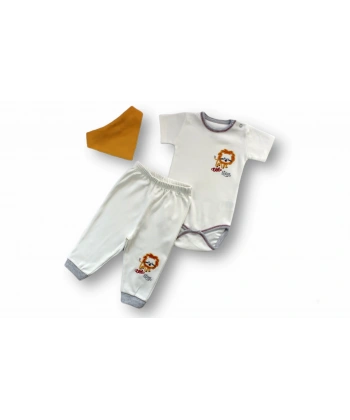 3-6 6-9 9-12 Ay Yavru Aslan Nakışlı Bandajlı Kısa Kollu Zıbınlı 3lü Erkek Bebek Takımı Ekru