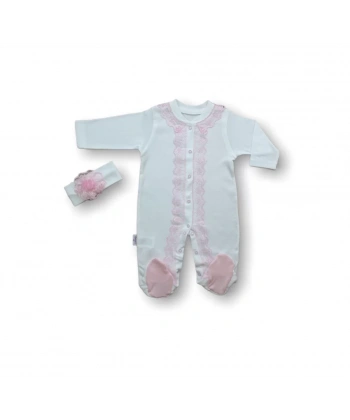 3-6 6-9 Ay Dantelli Boydan Çıtçıtlı Bandanalı Patikli Uzun Kollu Kız Bebek Tulumu Ekru