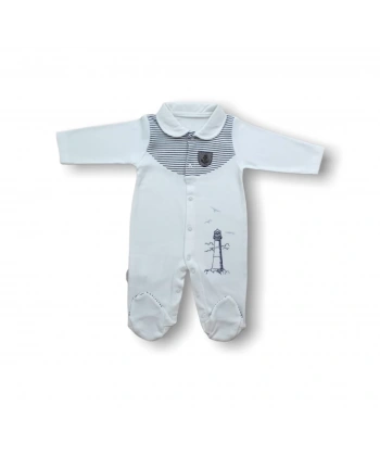 3-6 6-9 Ay Deniz Feneri Nakışlı Patikli Uzun Kollu Erkek Bebek Tulumu Ekru