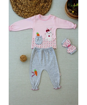 3-6 9-12 12-18 Ay Havuç Tavşan Nakışlı Bandanalı Cepli Uzun Kollu Sweatli 3lü Kız Bebek Tak Pembe