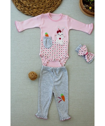 3-6 9-12 12-18 Ay Havuç Tavşan Nakışlı Bandanalı Uzun Kollu Zıbınlı 3lü Kız Bebek Tak Pembe