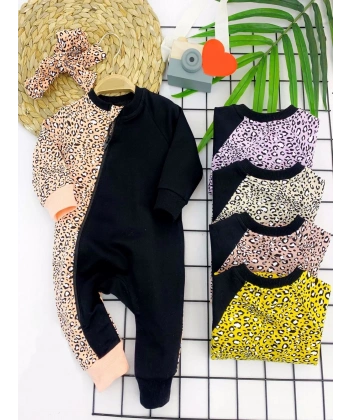 3-6-9-12 Ay Bandanalı Leopar Desenlı Fermuar Kapama Kız Bebek Tulumu Lila