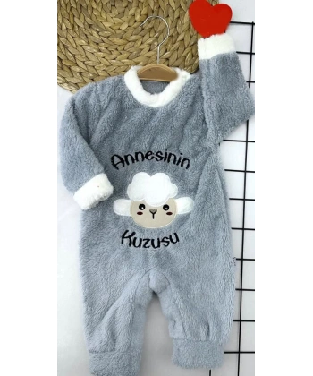 3-6-9-12 Ay Kuzu Tüylü Kumaş Annesinin Kuzusu Nakışlı Alttan Çıtçıtlı Kız Erkek Bebek Tulumu Gri