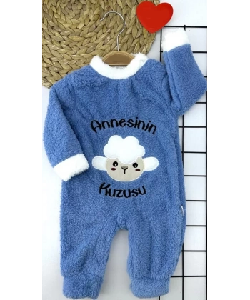 3-6-9-12 Ay Kuzu Tüylü Kumaş Annesinin Kuzusu Nakışlı Alttan Çıtçıtlı Kız Erkek Bebek Tulumu Mavi
