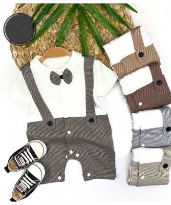 3-6-9-12 Ay Papyon Detaylı Çizgili Salopet Görünümlü Erkek Bebek Tulumu