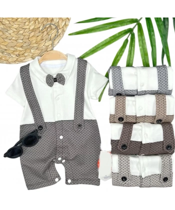 3-6-9-12 Ay Papyon Detaylı Piti Kare Baskılı Salopet Görünümlü Erkek Bebek Tulumu