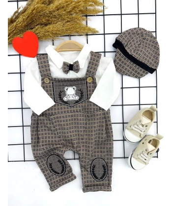 3-6-9-12 Ay Papyonlu Kırçıl Nakış Detaylı Kasket Şapkalı Uzun Kollu 3lü Erkek Bebek Salopet Takımı Bej