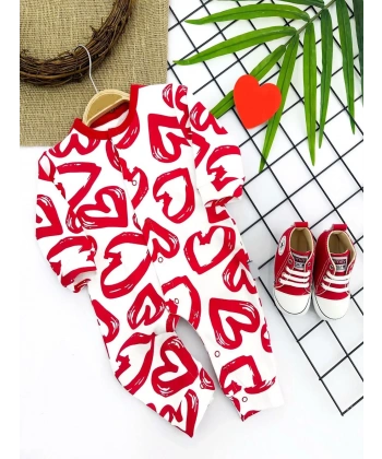 3-6-9-12 Ay Pastal Kalp Baskılı Uzun Kollu Kız Erkek Bebek Tulumu Kırmızı