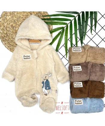3-6-9-12 Ay Rabbit Tavşan Nakışlı Fermuar Kapamalı Patikli Tüylü Erkek Bebek Tulumu Bej