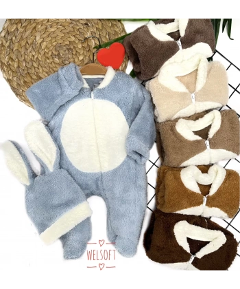 3-6-9-12 Ay Tavşan Kulak Şapkalı Fermuar Kapamalı Patikli Eldivenli Tüylü Erkek Bebek Tulumu Kahverengi